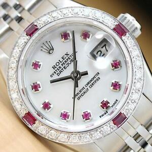 ROLEX LADIES DATEJUST 69174 MOTHER OF PEARL RUBY DIAMOND 18K WHITE GOLD/SS WATCH