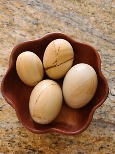 Natural Onyx Stone unpolished Eggs Decor, Lot of 4 Plus Kamani Wood Bowl