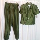 SAG HARBOR WOMEN'S PANT SUIT SHORT SLEEVE GREEN WITH EMBROIDERY/BEAD SIZE 8 TALL