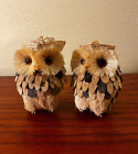 Vintage Set of 2 Natural Wooden Straw Hand Crafted Owl Ornaments Farmhouse Decor