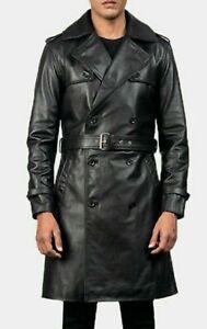 Men Leather Trench Coat 100% Soft Genuine Lambskin Black Leather 3/4 Length Coat