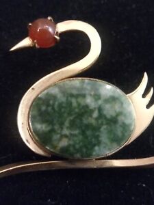 WRE Gold Filled Swan Jade Body  Carnelian Eye Brooch Pin