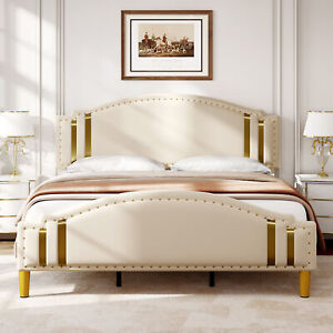 Full/Queen/King Size Upholstered Bed Frame with Adjustable Headboard Wooden Slat