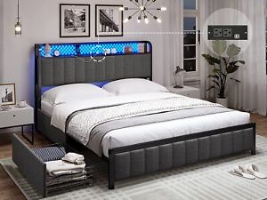 Queen Bed Frame with LED Lights Headboard Upholstered Platform Bed with Outlets