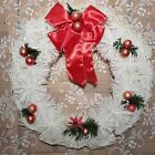 Vtg Christmas Wreath 21” White Bottle Brush Glittered Flocked Ornaments
