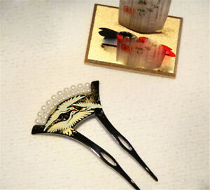 Japanese Hairpin Kanzashi Crane Pattern Pearl for Kimono Geisha Bride Acrylic