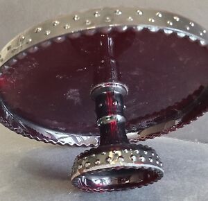 Ruby Red Glass Hobnail Pedestal Cake Stand 4 1/2” Tall 10 1/2