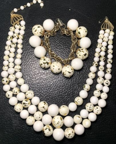 Vintage White Milk Glass Gold Speckled  Multi Strand Necklace & Bracelet Set