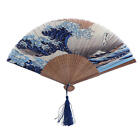 Silk Hand Fan Japanese Blue Wave Tsunami Folding Fan With Pendant Color Random