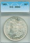 Very PQ 1903 Morgan silver dollar, WHITE frosty and NICE!  ICG MS64 encapsulated
