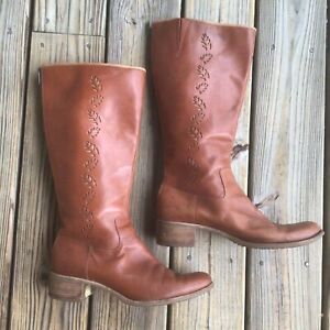 Timberland Flora Cognac Leather Perforated Cutout  Zip Tall Boots Women’s 10 W