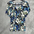 CD Daniels 2X Shirt Top Blue White Floral Short Sleeve Scoop Neck Stretch Casual