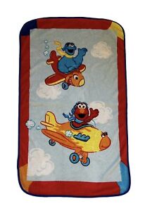 Sesame Street Elmo Cookie Monster Plane Pilot Clouds Baby Kids Blanket Vtg Throw