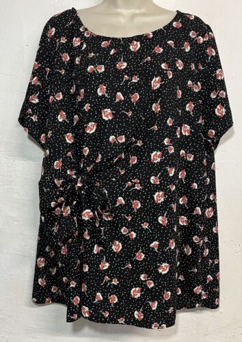 West Kei 3X Blouse Black Red Floral Short Sleeve Knot Detail Top