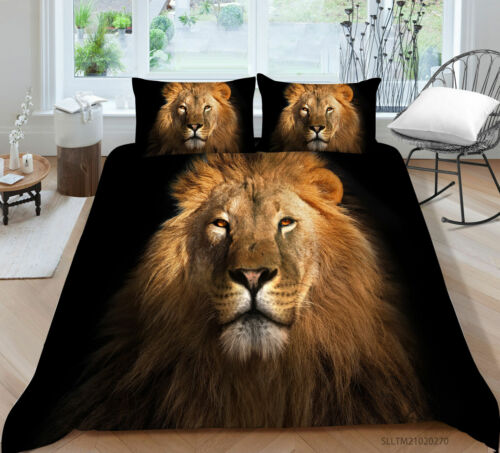 Lion Head Quilt Cover -Lion Animal Print Bedding Set 3/2pcs（Black）