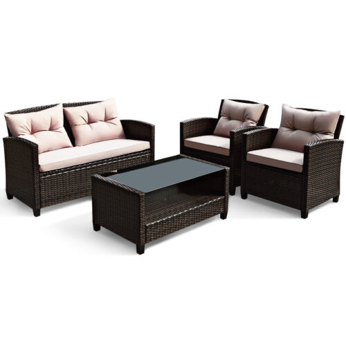 Patiojoy 4PCS Patio Rattan Furniture Set Cushioned Sofa Armrest Table W/ Shelf