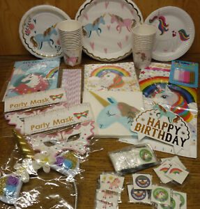 NEW huge lot UNICORN Birthday Party Plates Cups Napkins Masks Tablecover & more