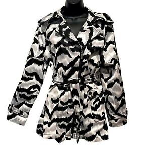 Kenneth Cole Animal Print Zip Up Belted Trench Coat Gray White Black size small