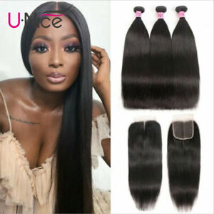 UNice Mongolian Straight 3 Bundles of Human Hair Extensions with Lace Closure US