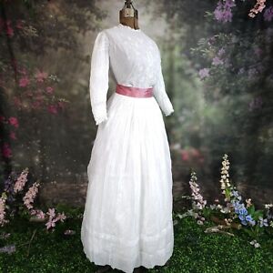 Antique Edwardian 1910s White Cotton Embroidered Maxi Dress Set Lace Detail Asis