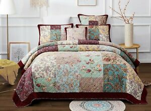 DaDa Bedding Burgundy Red Velvet Floral Roses Patchwork Cotton Bedspread Set