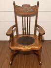 Victorian Childs Rocker Chair w/ Shell Motif Back & Leather Circle Seat 24” Oak