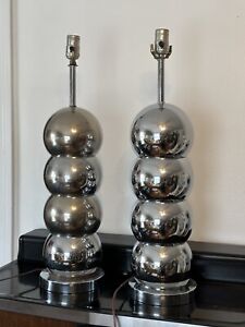 Mid Century Modern Pair Of Chrome Stacked Ball Table Lamps By George Kovacs 70's