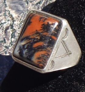 OLD PAWN STERLING AND PETRIFIED WOOD RING - SIZE 10