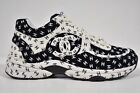 Chanel 22A Black White Suede Printed CC Logo Flat Runner Trainer Sneaker 36.5