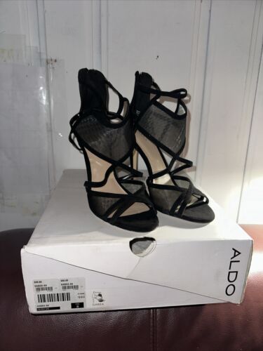 Aldo Gabea-98 Midnight Black Strap Shoes 4in Heels w/ Mesh Design 8