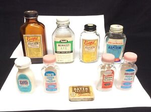 Large Vintage Lot Aspirin Medicine Bottles Tin Glass Pain Relief Bayer Rare