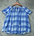 Womens Tops XL Como Vintage Blue Plaid Boho Tassels Lace Trim Shirt Blouse SS