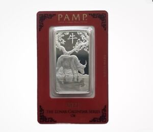2021 Pamp Suisse Lunar Year Ox 1 oz .999 Silver Bar in Card - Hard to Find