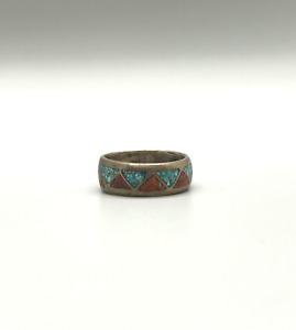 Old Pawn Navajo Sterling And Turquoise and Coral Ring  size 8 3/4