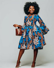 Women African Ankara Print Maxi Dress Attire Lotus Sleeve V Neck African Dresses