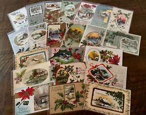 Lot of 22 Antique~Christmas Postcards with Winter Snowy & Village Scenes-h505