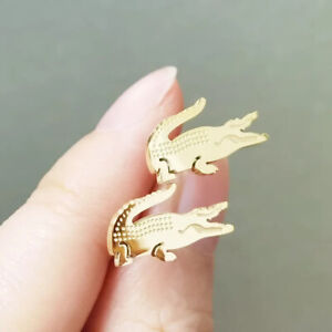 Lacoste Alligator Gold - Plated Metal Stud Earrings, Pair, For Men or Women Croc