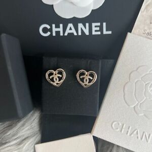 Authentic Chanel Crystal CC Heart Stud Earrings Gold Tone 23C