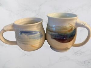 2 Artisan HandMade Drip Gloss Blue Beige Stoneware Shell Handle Signed Mugs