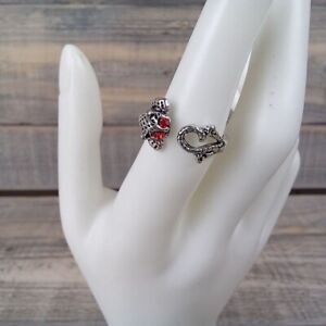 Silver Tone Cat Ring Red Rhinestone Eyes Curled Tail Womens Size 5 Small Fashion