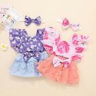 Newborn Infant Baby Girls Fly Sleeve Floral Bow Patchwork Lace Romper Bodytsuit