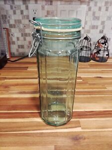 Vintage Hermetic Green Tint Glass Storage Jar Made In Italy 10.5” Tall
