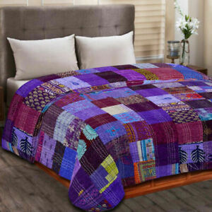 Indian Silk Kantha Quilt Handmade Sari Patchwork Bedspread Blanket Throw