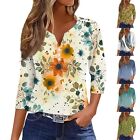 Women 3/4 Sleeve Floral Print Pullover T-shirt Top Casual Loose V Neck Blouse