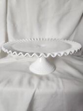 Fenton Pedestal Cake Plate Stand Milk Glass Ruffled Hobnail 12.75x5.5 Vintage UP