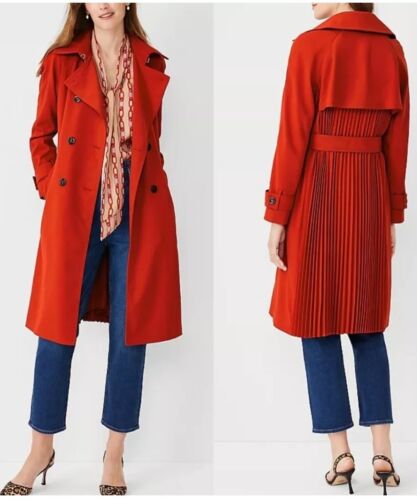 Ann Taylor Pleat Back Trench Coat Size Large Women's Belted Burnt Red NWT