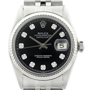 Rolex Mens Datejust 18K White Gold & Stainless Steel Black Diamond Dial Watch
