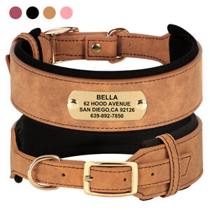 Wide Leather Dog Collar Personalized Nameplate Soft Padded for Large Dogs M-XL