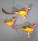 Vintage Bird Christmas Ornaments Real Feathers Wire Feet Orange Red Set of 3