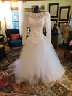 BEAUTIFUL 1990'S VINTAGE WHITE EMBROIDERED & NET LONG SLEEVE WEDDING GOWN S 6